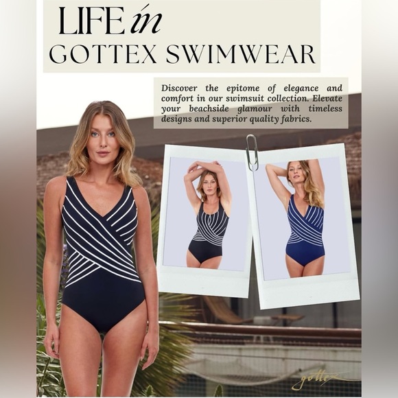 Gottex Tummy Control Surplice V Neck One Piece Swimsuit Navy White Stripes Women - Picture 8 of 11